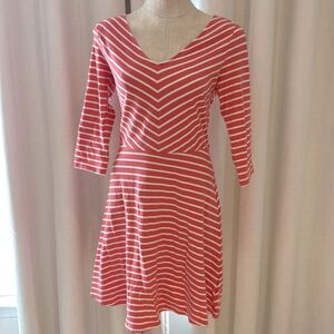 Old Navy Coral and White Striped Fit & Flare 3/4 Sleeve Dress